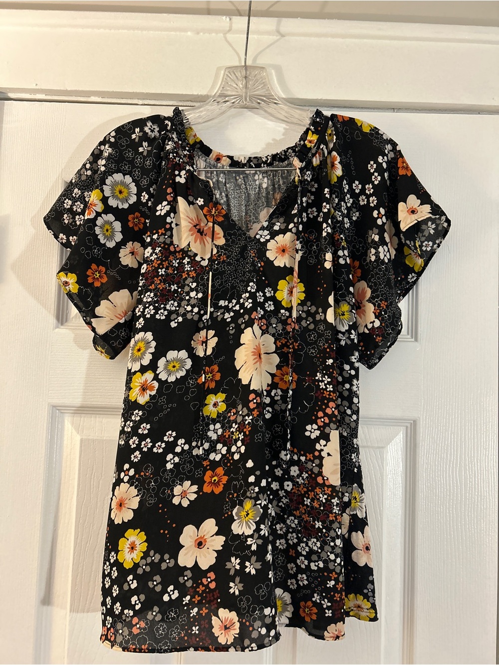 LOFT Black Floral Short-Sleeve Peasant Blouse